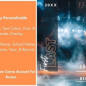 May include: A customizable digital design with an orange sidebar. The design features text that can be edited, including name, school name, and year. The background shows a wrestling arena with the text "99 Wins" and "School Wrestling."