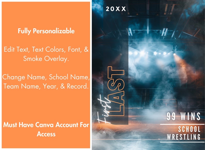 May include: A customizable digital design with an orange sidebar. The design features text that can be edited, including name, school name, and year. The background shows a wrestling arena with the text "99 Wins" and "School Wrestling."