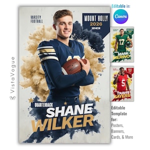 Könnte beinhalten: Eine digitale Vorlage für ein Football-Senior-Poster mit einem Spieler im dunkelblauen Trikot, der einen braunen Football hält. Das Design enthält den Text Mount Holly 2026 Senior, Quarterback Shane Wilker und goldene Raucheffekte.