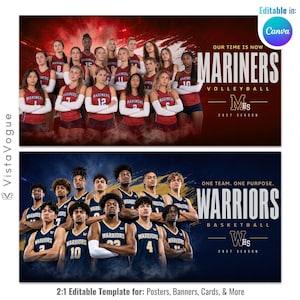 Puede incluir: Una plantilla digital con dos pósteres de equipos deportivos. El póster superior muestra un equipo de voleibol con camisetas rojas y el texto Mariners Volleyball 2027 Season. El inferior muestra un equipo de baloncesto con camisetas azules y el texto Warriors Basketball 2027 Season.