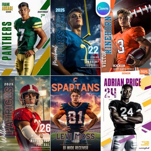 Pacote com 6 Modelos de Futebol Canva | Para Pôsteres de Esportes Noturnos para a Terceira Idade, Cartões de Futebol Americano, Pôsteres Personalizados, Companheiros de Memória, Banners e Cenários Esportivos