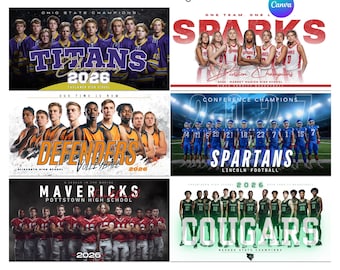 May include: A collection of nine editable team poster and banner templates. The templates feature various sports teams, including football, basketball, and volleyball. Each design includes team names, logos, and the year 2026. The templates are customizable in Canva.