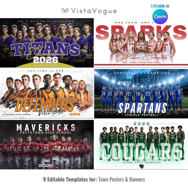 9 Sports Banners Canva Template Bundle | Team Poster Templates | Football, Basketball, Baseball, Wrestling, Lacrosse, Softball