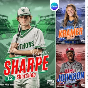 Modelo de cartão esportivo de beisebol e softbol no Canva | Fundo digital para pôster de noite de formatura, banner esportivo personalizado e design de cartão de jogador