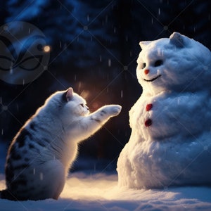 Fondo fotográfico de muñeco de nieve de gato para fotografía de mascotas navideñas / fondo digital / fondo de tarjeta navideña de gato divertido y sesión de fotos de retrato de Navidad