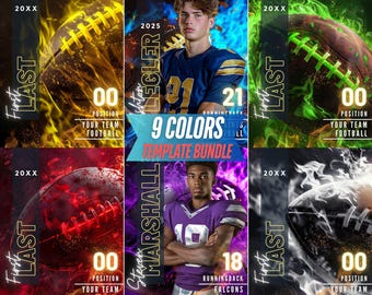 May include: A template bundle with a football theme. The design features footballs with fiery effects in various colors, player portraits, and text elements like "First Last," "Position," and "Your Team Football." The text "9 Colors Template Bundle" is also visible.