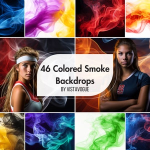 May include: A collage of 46 colorful smoke backdrops. The backdrops are in various colors, including blue, red, yellow, green, purple, and orange. The backdrops are arranged in a grid pattern. The text "46 Colored Smoke Backdrops" is in the center of the image. The text "BY VISTAVOGUE" is below the text "46 Colored Smoke Backdrops".