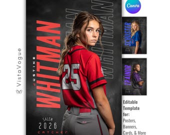 Modello per poster di softball / Modificabile in Canon / Banner personalizzato, Memory Mate, Poster per la serata dei senior, Scheda giocatore / Sfondo per fotografia sportiva