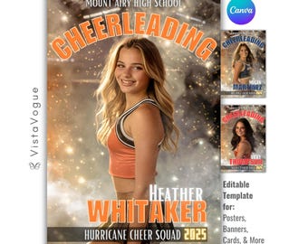May include: A promotional poster for Mount Airy High School Cheerleading, featuring a young woman in an orange and black cheerleading uniform. The poster includes the text "CHEERLEADING", the name "Heather Whitaker", and "Hurricane Cheer Squad 2025". Additional templates are shown.
