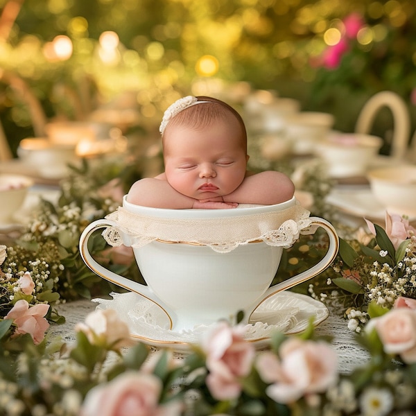 Newborn Photoshoot Digital Background | Fairy Tale Tea Party Backdrop | Baby Portrait Composite Photo with Tea Cup & Background Overlay