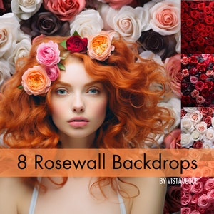 May include: Eight different rose wall backdrops featuring various shades of red, pink, and white roses. The backdrops are ideal for photography and videography.