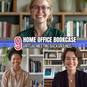 May include: Three people are smiling in front of a bookcase filled with books. The text on the banner reads "9 Home Office Bookcase Virtual Meeting Backgrounds".