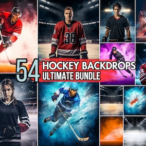 May include: A promotional image featuring a collection of 54 hockey backdrops. The image showcases various hockey players in action, along with abstract backgrounds. The text "54 HOCKEY BACKDROPS ULTIMATE BUNDLE" is prominently displayed.