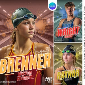 Swim Team Poster Canva Template | Senior Sports Poster, Swim Photo Card, Swimmer Background, Memory Mate | Custom Swimming Banner Template