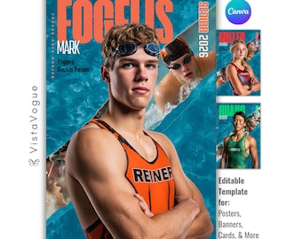 Swim Poster & Banner Template | Editable in Canva | Swimmer Background for Memory Mates, Custom Sports Posters, Senior Swimming Banners