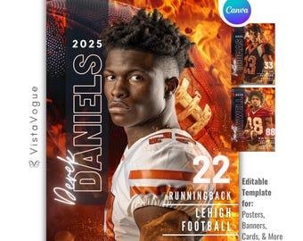 Football Poster Template | Editable in Canva | Fire Backdrop For Custom Sports Posters, Senior Banners, Football Backgrounds, Memory Mates