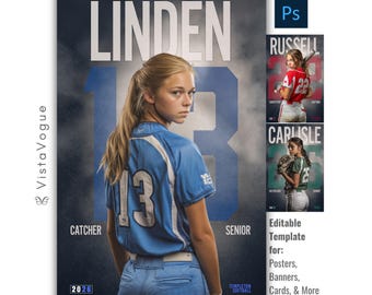 Softball Photoshop Template | Softball Player Cards, Custom Sports Posters, Senior Banners, Memory Mates | Digital Softball Backdrop | PSD