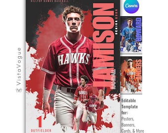 May include: A baseball-themed poster featuring a player in a red and white Hawks jersey. The poster includes the text "JAMISON" and "SENIOR 2020". Additional text reads "OUTFIELDER" and "HILLTOP HAWKS BASEBALL". The design has a red and black background.