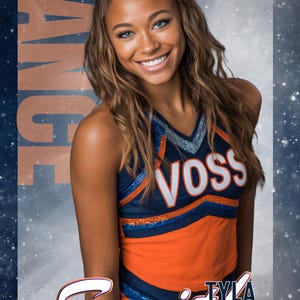 May include: A senior portrait of Tyla Smith, a cheerleader for South Voss High School. She wears a blue and orange uniform with the word "VOSS" on the chest. The background is a starry night sky with the words "DANCE" and "2026 Senior".
