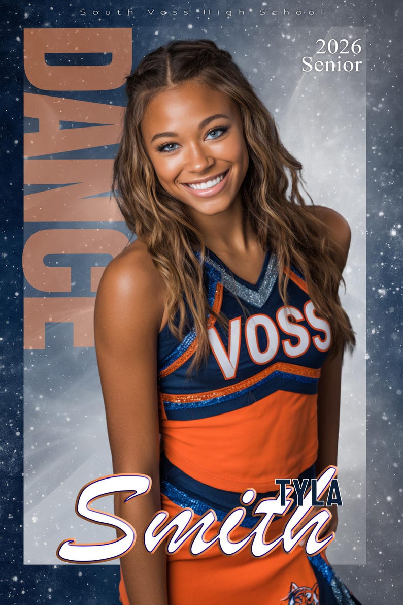 May include: A senior portrait of Tyla Smith, a cheerleader for South Voss High School. She wears a blue and orange uniform with the word "VOSS" on the chest. The background is a starry night sky with the words "DANCE" and "2026 Senior".