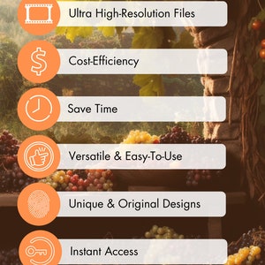 May include: A graphic with an orange background and white text that lists the benefits of using VistaVogue. The benefits include: Ultra High-Resolution Files, Cost-Efficiency, Save Time, Versatile & Easy-To-Use, Unique & Original Designs, Instant Access, and Adjustable Sizes. The text "Inspired Vistas. Infinite Vogue." is at the bottom of the graphic.
