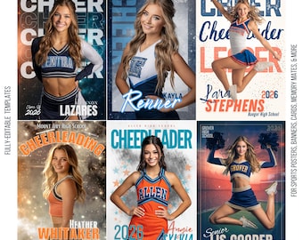 May include: Six cheerleading posters featuring young women in cheerleading uniforms. Each poster includes the school name, the cheerleader's name, and the year. The posters are designed with a mix of colors and fonts, with the words "Cheer" and "Cheerleader" prominently displayed.