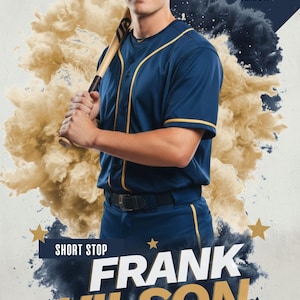 May include: A baseball player in a navy blue uniform with gold trim, holding a bat. The image includes the text "Varsity Baseball", "Carl-Enders 2026 Senior", and "Frank Wilson Short Stop". The background features gold and navy blue accents.