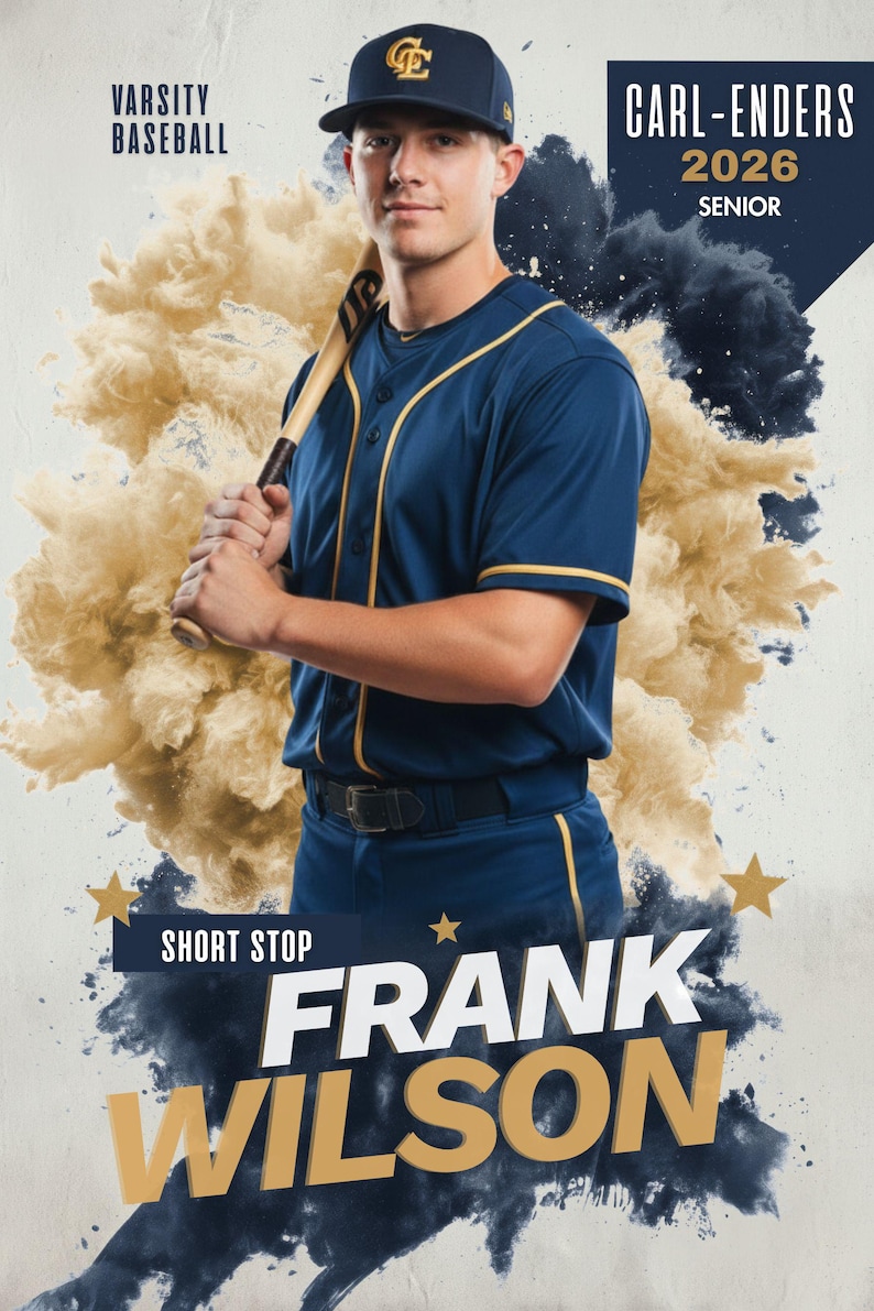 May include: A baseball player in a navy blue uniform with gold trim, holding a bat. The image includes the text "Varsity Baseball", "Carl-Enders 2026 Senior", and "Frank Wilson Short Stop". The background features gold and navy blue accents.