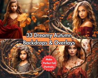 33 Dreamy Autumn Photo Backdrops & Fall Forest Leaves Overlays for Portrait Photoshoots | Photoshop Editing Backgrounds | Family Photography