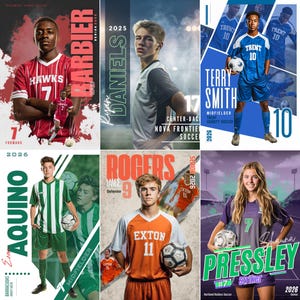 Bundel met 9 voetbalcanva-sjablonen | Bewerkbaar voor posters, spandoeken voor senioren, aangepaste kaarten en afstudeercadeau, geheugensteuntjes | Sportfotografie