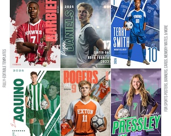 9 Soccer Templates Bundle | Editable in Canva | Posters, Senior Banners, Custom Cards, & Graduation Gift, Memory Mates | Sports Photography