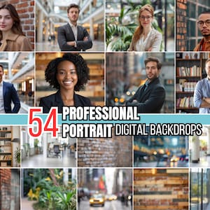 Könnte beinhalten: Eine Collage aus 54 professionellen digitalen Hintergrundbildern für Porträts. Die Hintergründe zeigen eine Vielzahl von Umgebungen, darunter Stadtstraßen, Bibliotheken und Büros. Die Hintergründe sind ideal für Fotografen und Videografen, die professionelle Porträts erstellen möchten.