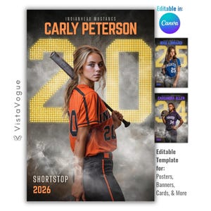 Puede incluir: Una plantilla digital editable para un póster deportivo que muestra a una jugadora de sóftbol con uniforme naranja y negro sosteniendo un bate. El diseño incluye el texto Carly Peterson, Indianhead Mustangs, Shortstop y 2026, con números amarillos grandes.