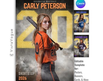 Modello per poster di softball / Modificabile in Cantra / Poster personalizzato, banner per studenti dell'ultimo anno, biglietto, compagno di ricordi / Sfondo digitale / Fotografia sportiva