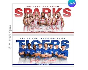 May include: Two editable sports banner templates featuring a girls' basketball team in red and white uniforms with the text SPARKS and a boys' baseball team in blue and white uniforms with the text TIGERS, including school names and years.