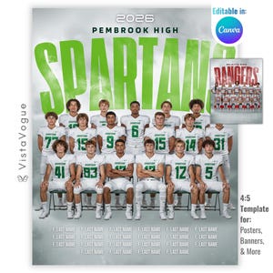 Puede incluir: Una plantilla digital de póster de equipo deportivo con el texto 2026 PEMBROOK HIGH SPARTANS. El diseño incluye un grupo de jugadores de fútbol americano con uniformes blancos y verdes, marcadores de posición para nombres y una imagen RANGERS.