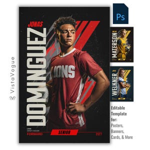 May include: A soccer poster featuring a young man in a red jersey with the name "DOMINGUEZ" in large white letters. The poster includes the text "LIONS", "FORWARD", and "SENIOR 2027". Additional posters are visible.