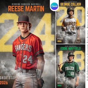 Modelo de beisebol do Canva | Pôster de beisebol personalizado, faixa para a noite de formatura, companheiro de memória e cartão de jogador | Cenário de beisebol para fotografia esportiva