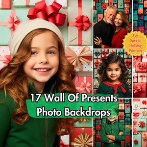 17 Christmas Digital Backdrops for Portrait Photography | Festive Digital Background with Holiday Presents Wall | X-Mas Photo Backdrop