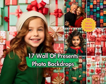 May include: 17 digital photo backdrops featuring walls of wrapped presents in various colours and patterns, including red, green, white, and gold. The backdrops are ideal for holiday portraits.