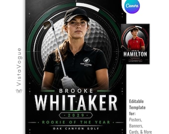 Könnte beinhalten: Eine digitale Plakatvorlage mit einem Golfer in schwarzem Poloshirt und Kappe, der einen Golfschläger hält. Das Design enthält eine große Golfballgrafik, den Text BROOKE WHITAKER, 2029, ROOKIE OF THE YEAR, OAK CANYON GOLF und ein kleineres Bild.