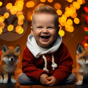 Toile de fond numérique renards de Noël et bébé renard | Photo de famille de vacances d'arrière-plan pour enfants pour carte de Noël et photographie de Noël de bébé | PNG