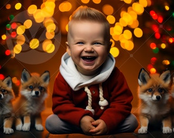 Christmas Foxes & Baby Fox Digital Backdrop | Kids' Holiday Family Photo Background for Xmas Card and Baby Christmas Photography | PNG