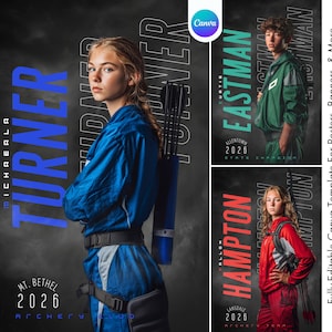 Puede incluir: Una plantilla de Canva para carteles y pancartas. La plantilla presenta a tres arqueros con su equipo de tiro con arco. El primer arquero viste de azul, el segundo de verde y el tercero de rojo. Se muestra el nombre de cada arquero y el año 2026.