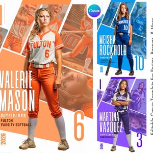 K&ouml;nnte beinhalten: Ein Softball-Postervorlage mit drei Athleten in ihren Uniformen. Das Poster enth&auml;lt die Namen Valerie Mason, Meisha Rockhold und Martina Vasquez sowie ihre Teamzugeh&ouml;rigkeiten und Trikotnummern. Das Design integriert Teamfarben und Actionaufnahmen.