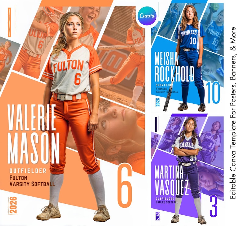 K&ouml;nnte beinhalten: Ein Softball-Postervorlage mit drei Athleten in ihren Uniformen. Das Poster enth&auml;lt die Namen Valerie Mason, Meisha Rockhold und Martina Vasquez sowie ihre Teamzugeh&ouml;rigkeiten und Trikotnummern. Das Design integriert Teamfarben und Actionaufnahmen.