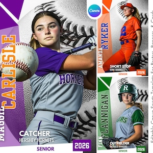 K&ouml;nnte beinhalten: Baseball-Sportvorlage mit drei Athletinnen. Das Hauptbild zeigt eine F&auml;ngerin in grau-violetter Uniform. Weitere Tafeln zeigen einen Shortstop und einen Outfielder. Der Text enth&auml;lt Namen, Positionen, Teamnamen und das Jahr 2026.