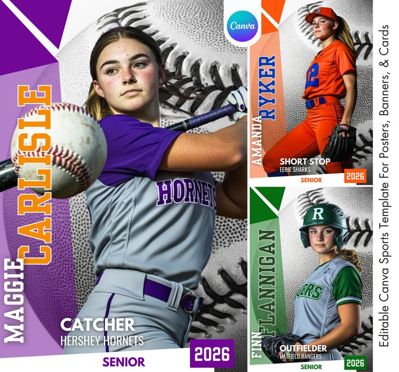 K&ouml;nnte beinhalten: Baseball-Sportvorlage mit drei Athletinnen. Das Hauptbild zeigt eine F&auml;ngerin in grau-violetter Uniform. Weitere Tafeln zeigen einen Shortstop und einen Outfielder. Der Text enth&auml;lt Namen, Positionen, Teamnamen und das Jahr 2026.