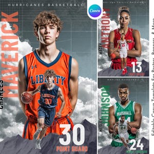 Modelo de pôster de basquete Canva | Banner personalizado para formandos, pôster esportivo, cartão de basquete e companheiro de memória | Cenário de basquete para fotos de times