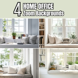 May include: Four home office Zoom backgrounds featuring a window seat with white cushions, books, and plants. The window seat is in front of a window with white trim and a view of trees and greenery.